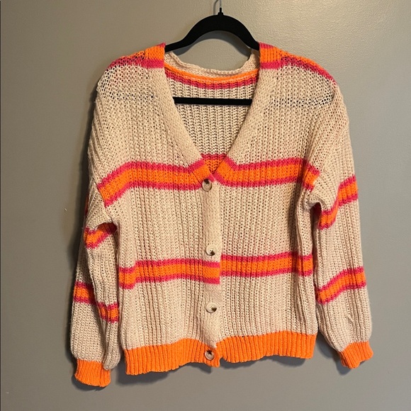 SHEIN Sweaters - SHEIN Cream Cardigan with Orange and Pink Stripes